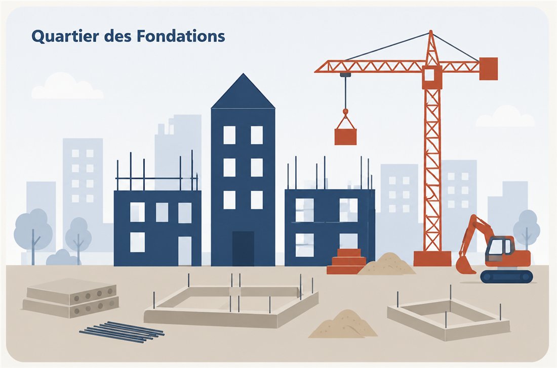 Le quartier des Fondations en chantier : immeubles en construction, grue, pelleteuse et fondations tracées au sol